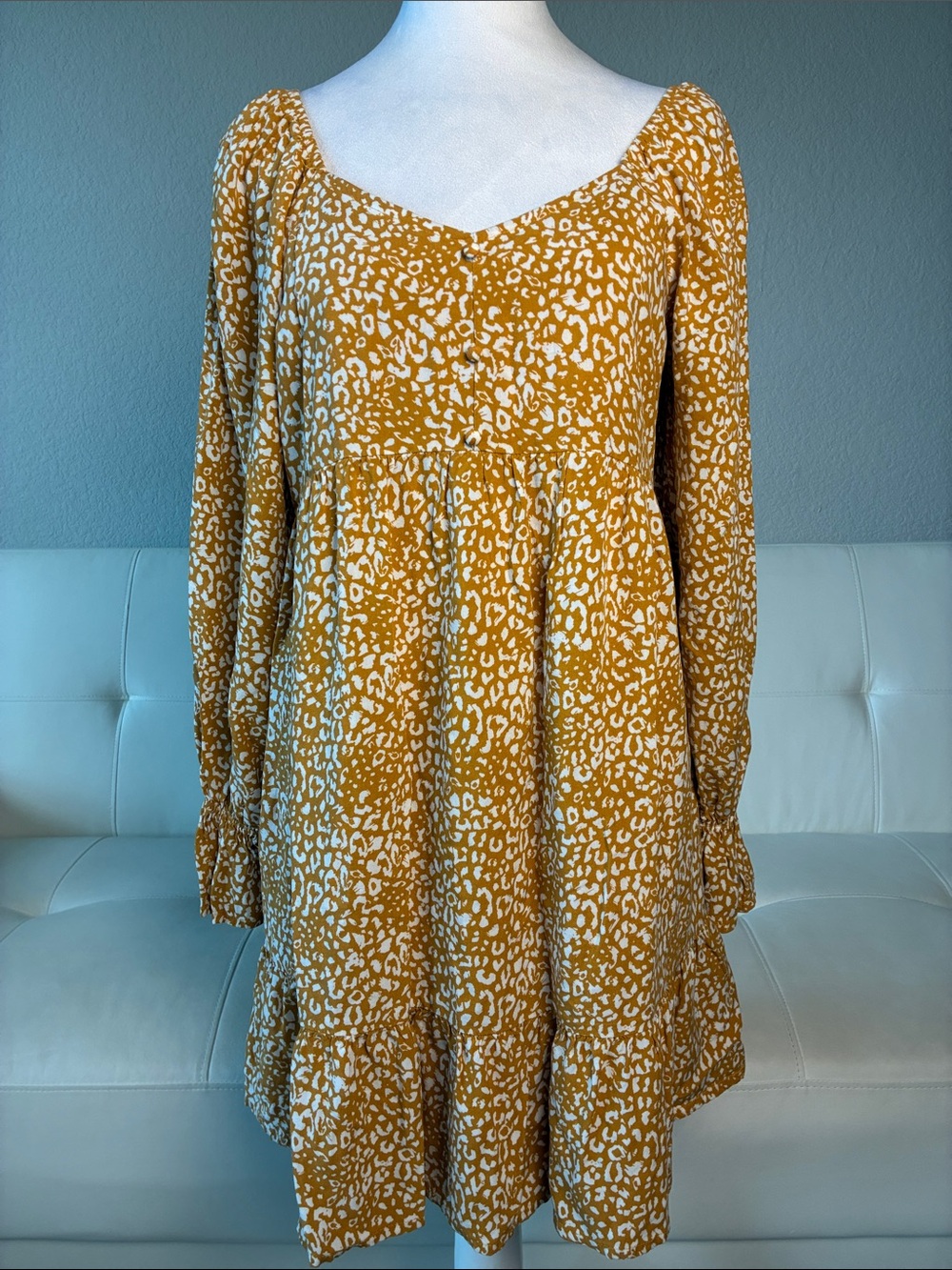 Savanna Jane Mustard Yellow Leopard Print Ruffle Casual Dress